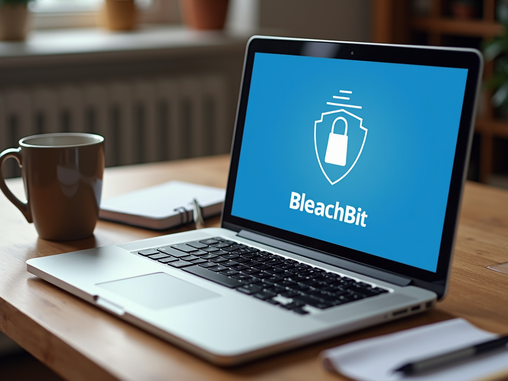 Laptop on a desk using BleachBit for cleaning.