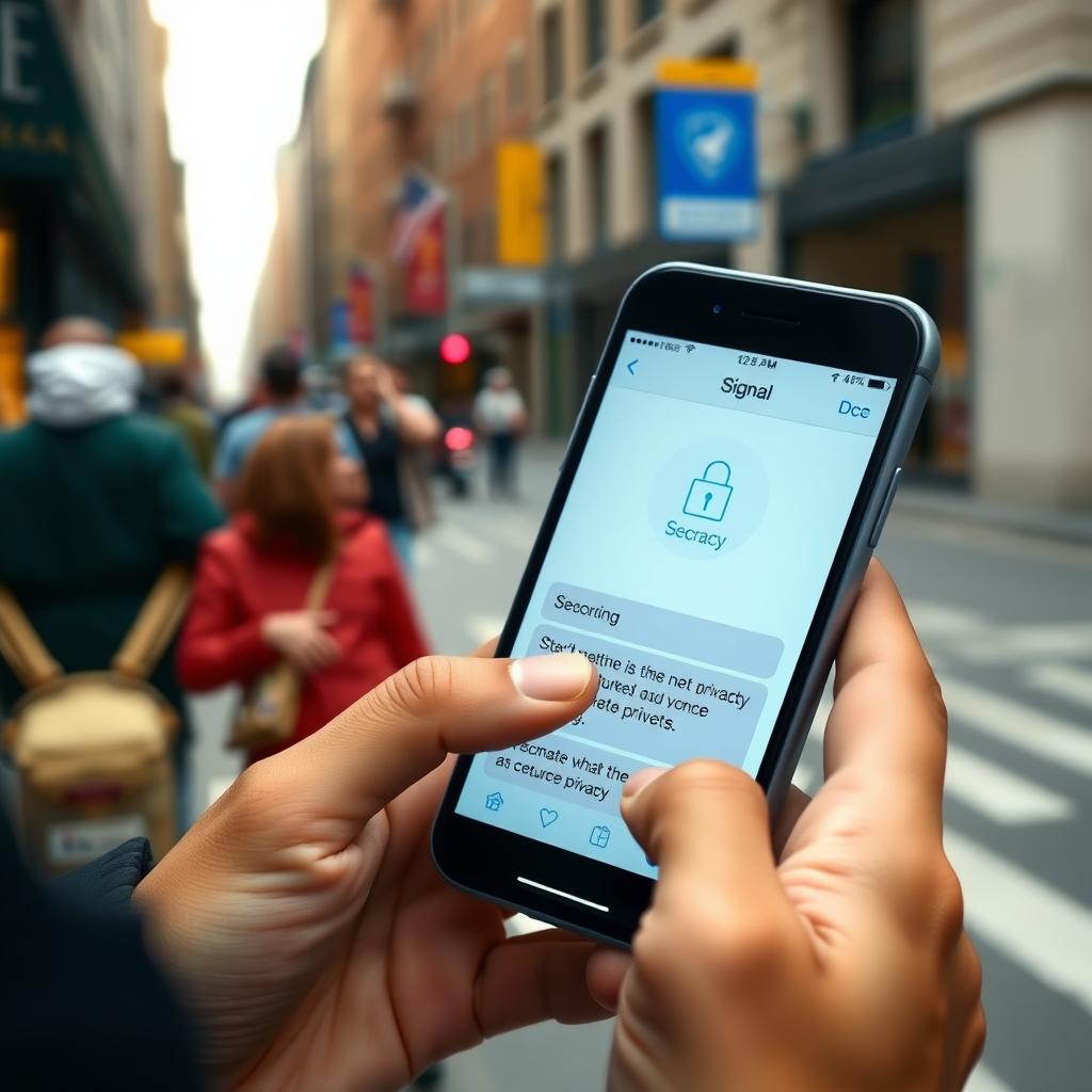Person using Signal app on a smartphone in an urban setting