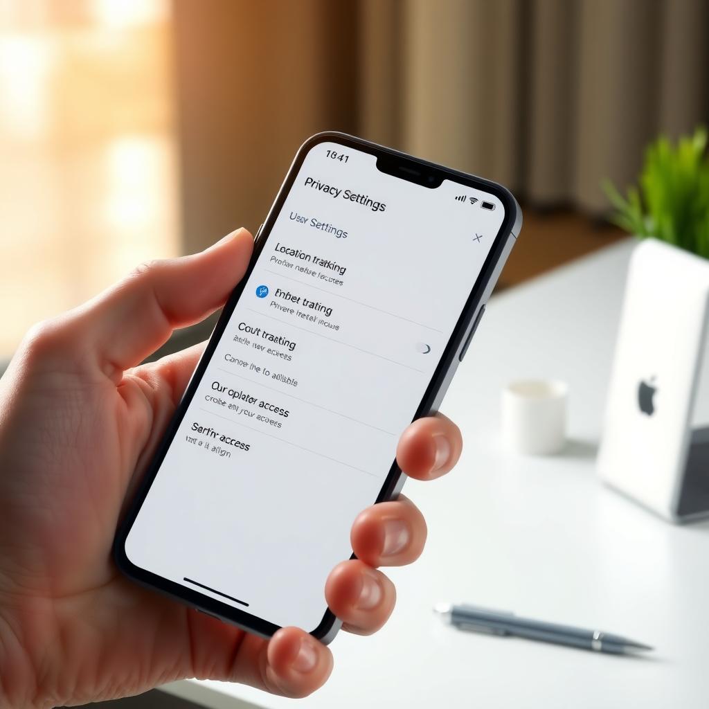 Hand holding a smartphone displaying privacy settings in an office environment.
