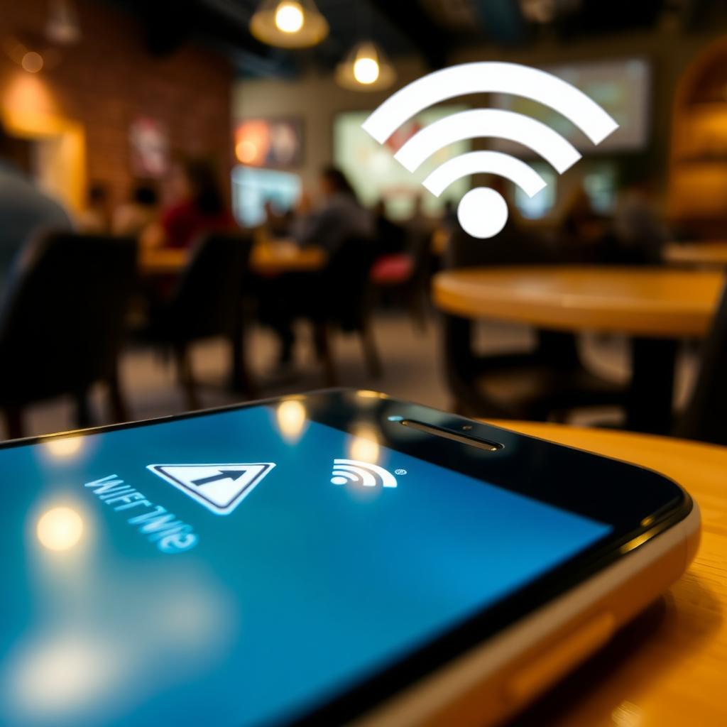 Smartphone connected to public Wi-Fi with a warning symbol