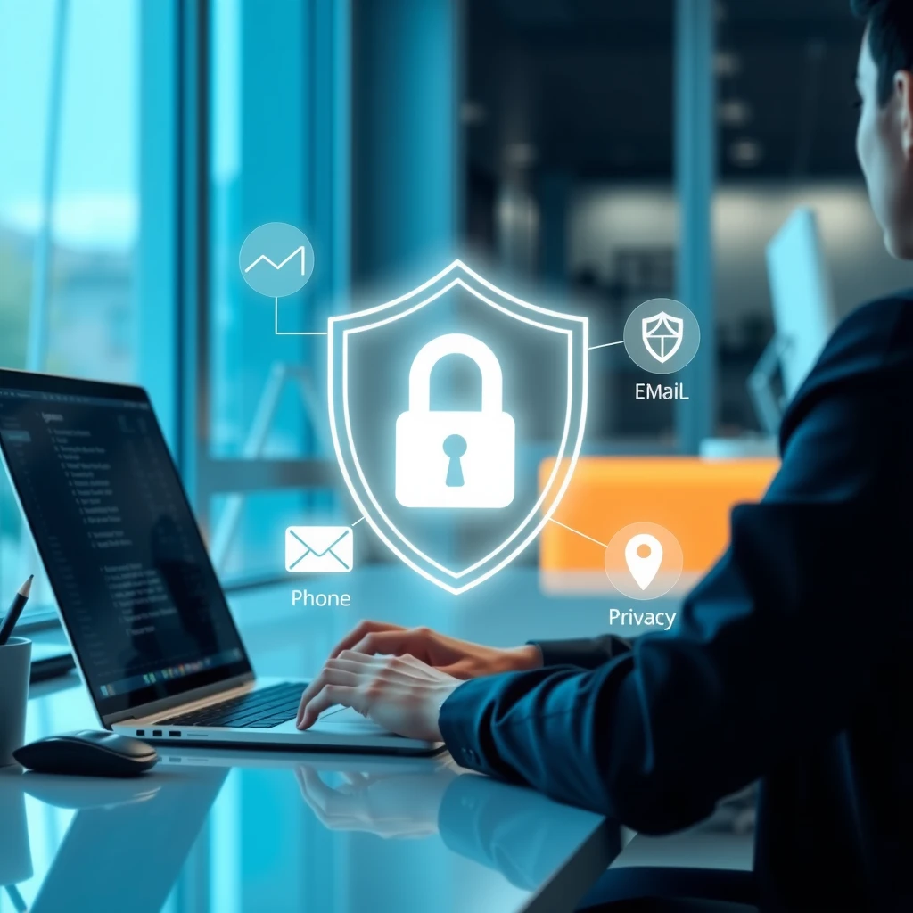 Person using laptop protected by a digital privacy shield with lock icon