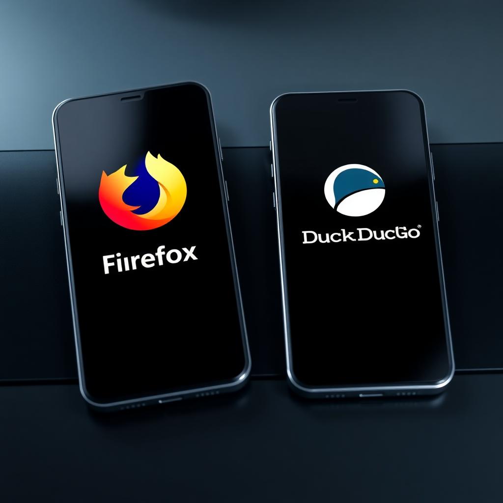 Two smartphones displaying Firefox Focus and DuckDuckGo logos