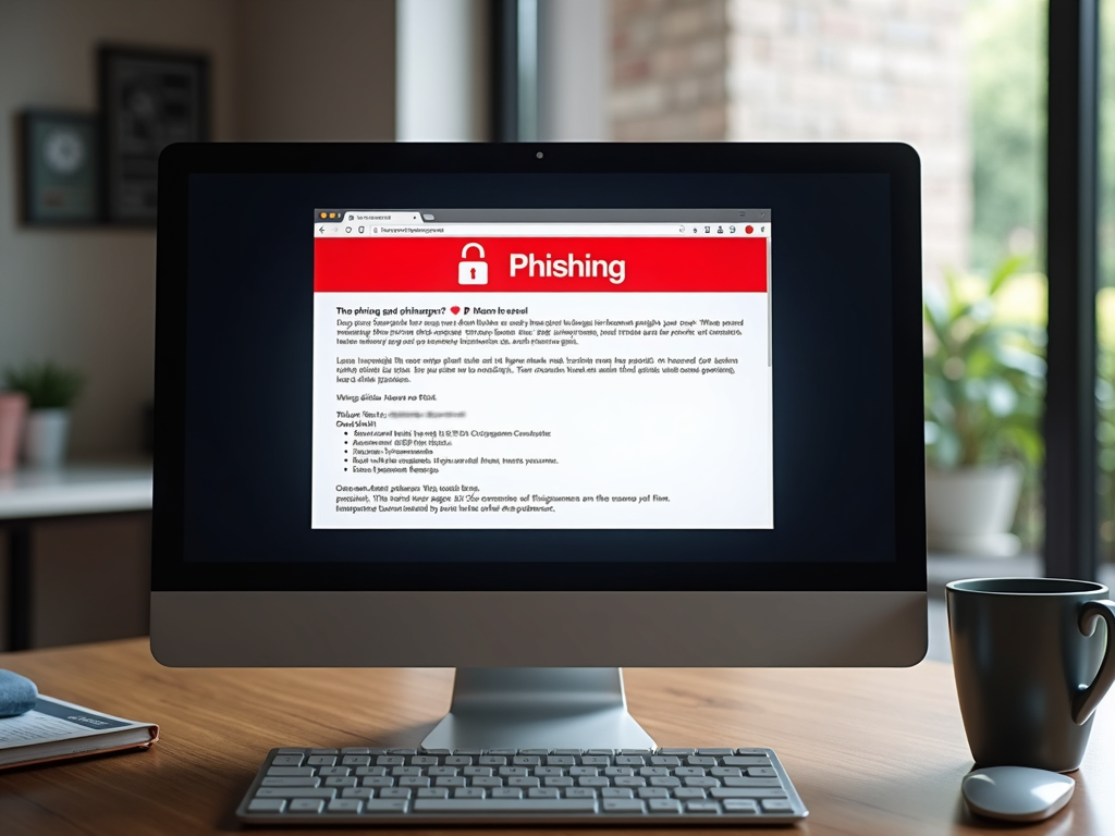 Computer screen showing a phishing email warning.