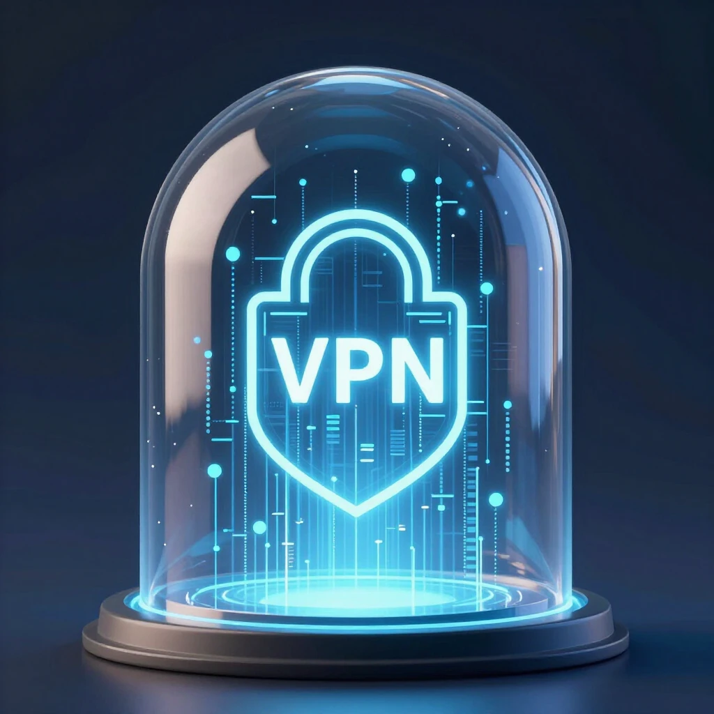 Digital data streams protected by a shield dome, illustrating VPN security in a futuristic style