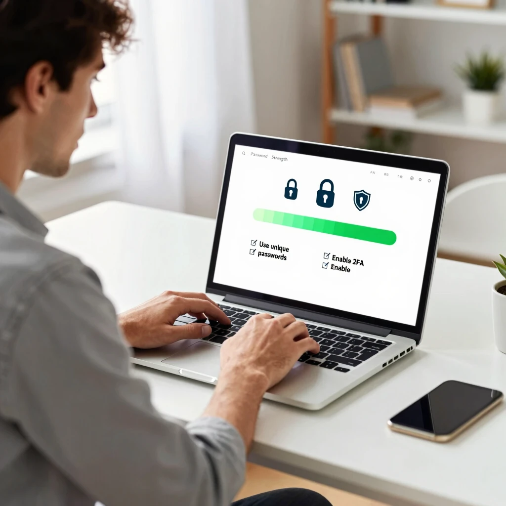 Person creating a strong password on laptop with security icons and checklist