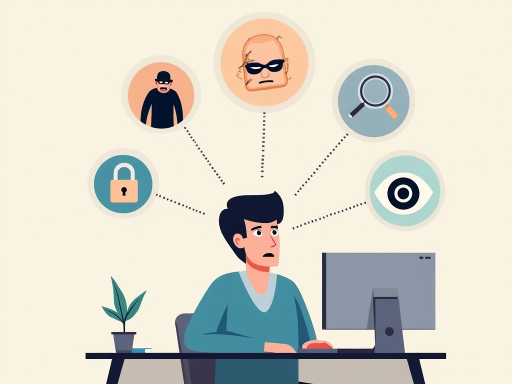 Person at a computer surrounded by icons of online threats, highlighting the need for privacy.