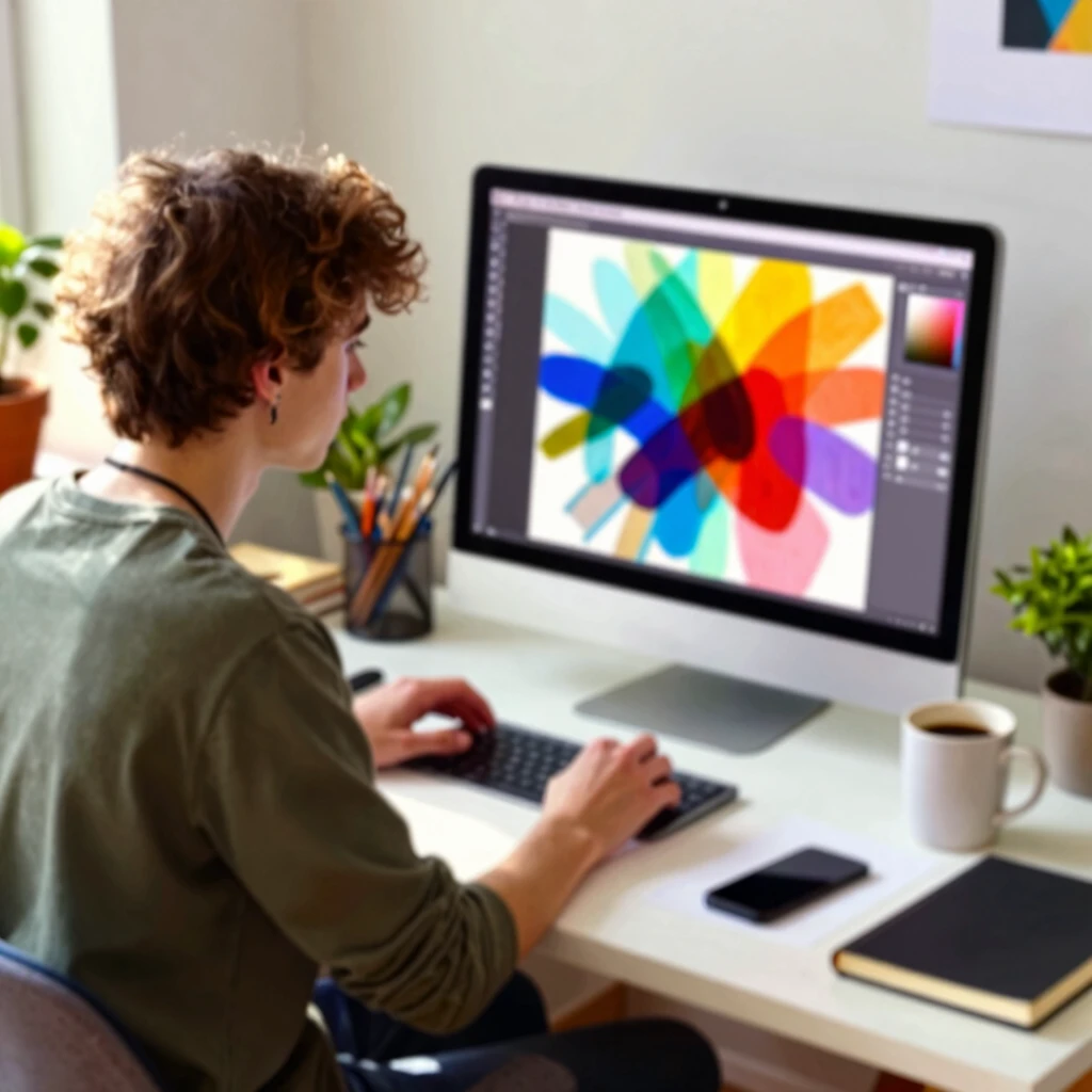 Digital artist creating a vibrant painting on a tablet in a cozy studio