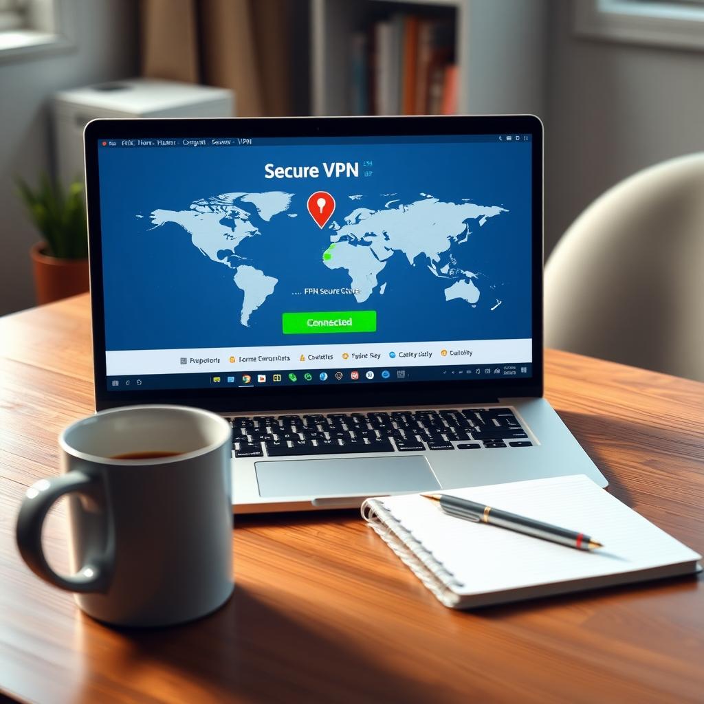 Laptop showing a VPN interface with a world map, placed on a wooden desk with a coffee mug and notepad.
