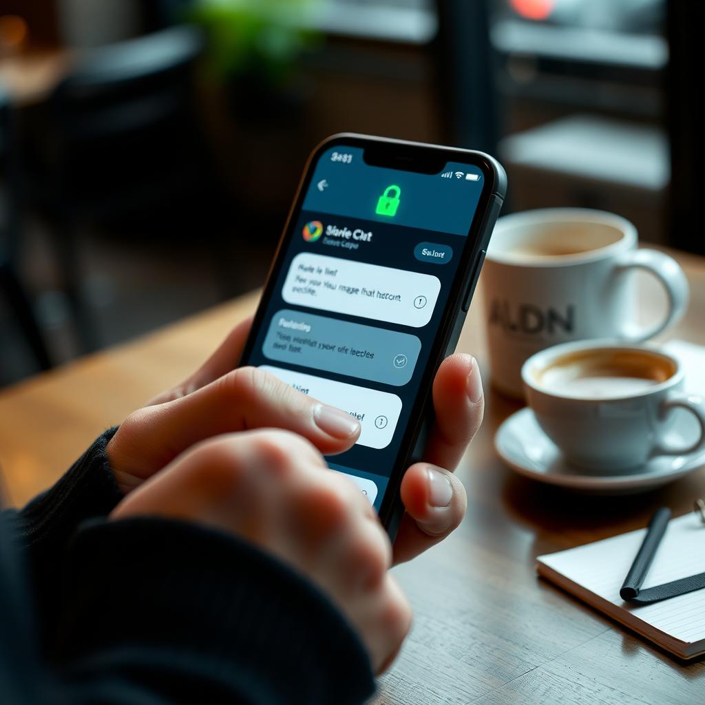 Person using a secure messaging app on a smartphone in a coffee shop