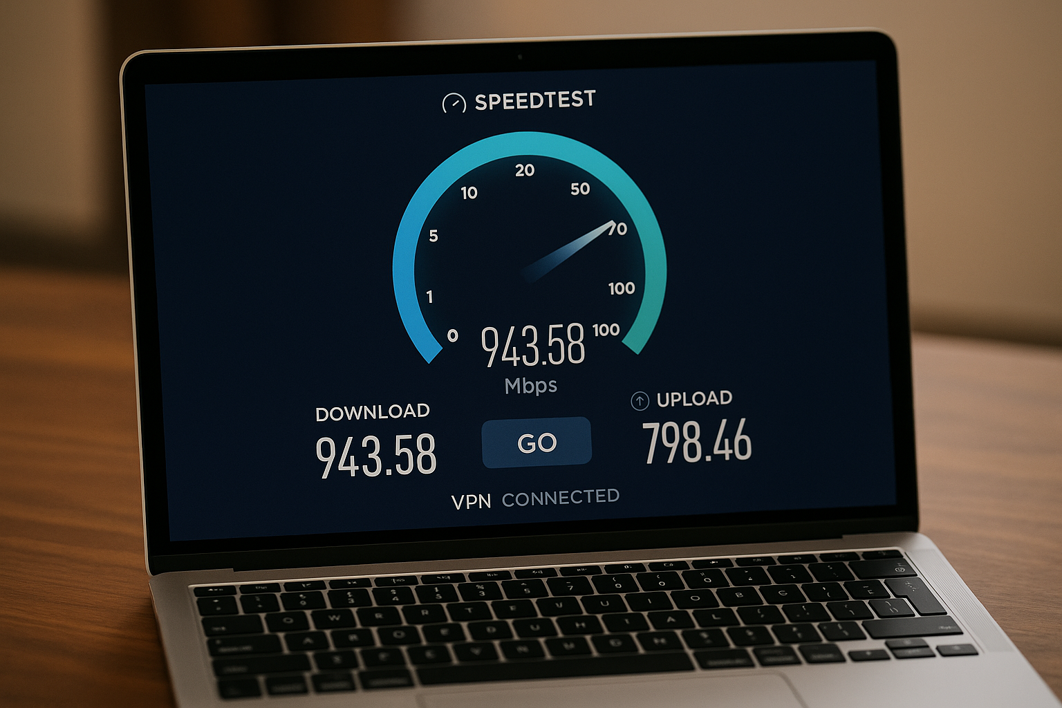 Speed test results on laptop with VPN connected