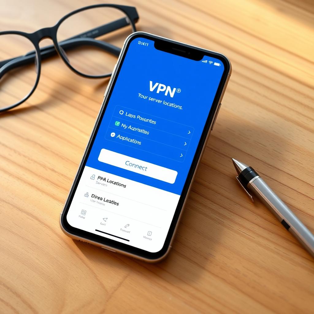 Smartphone showing a VPN app interface on a table