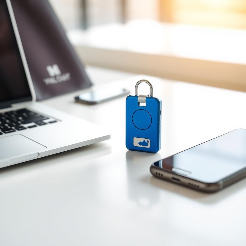 YubiKey hardware token on a modern desk with a laptop and smartphone in the background.