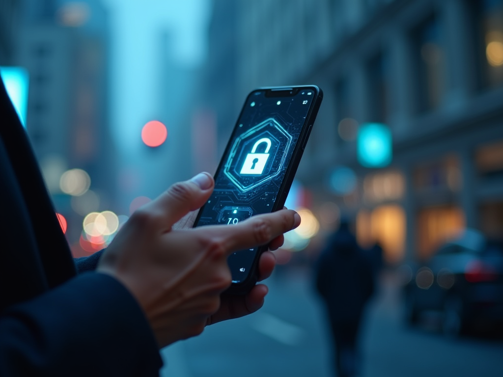 Smartphone with secure lock screen in a city setting