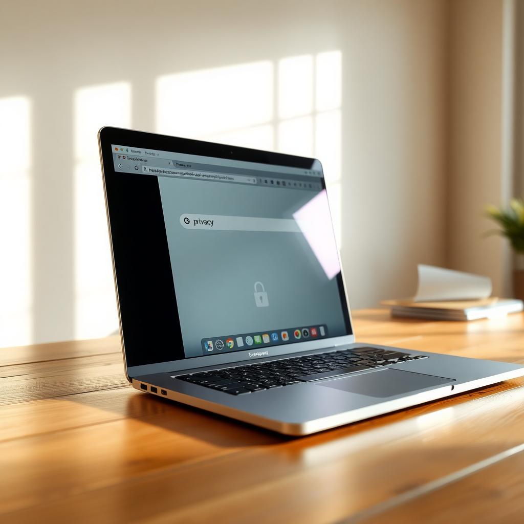 A modern laptop on a wooden desk displays a privacy-focused browser with a padlock icon, bathed in soft sunlight.