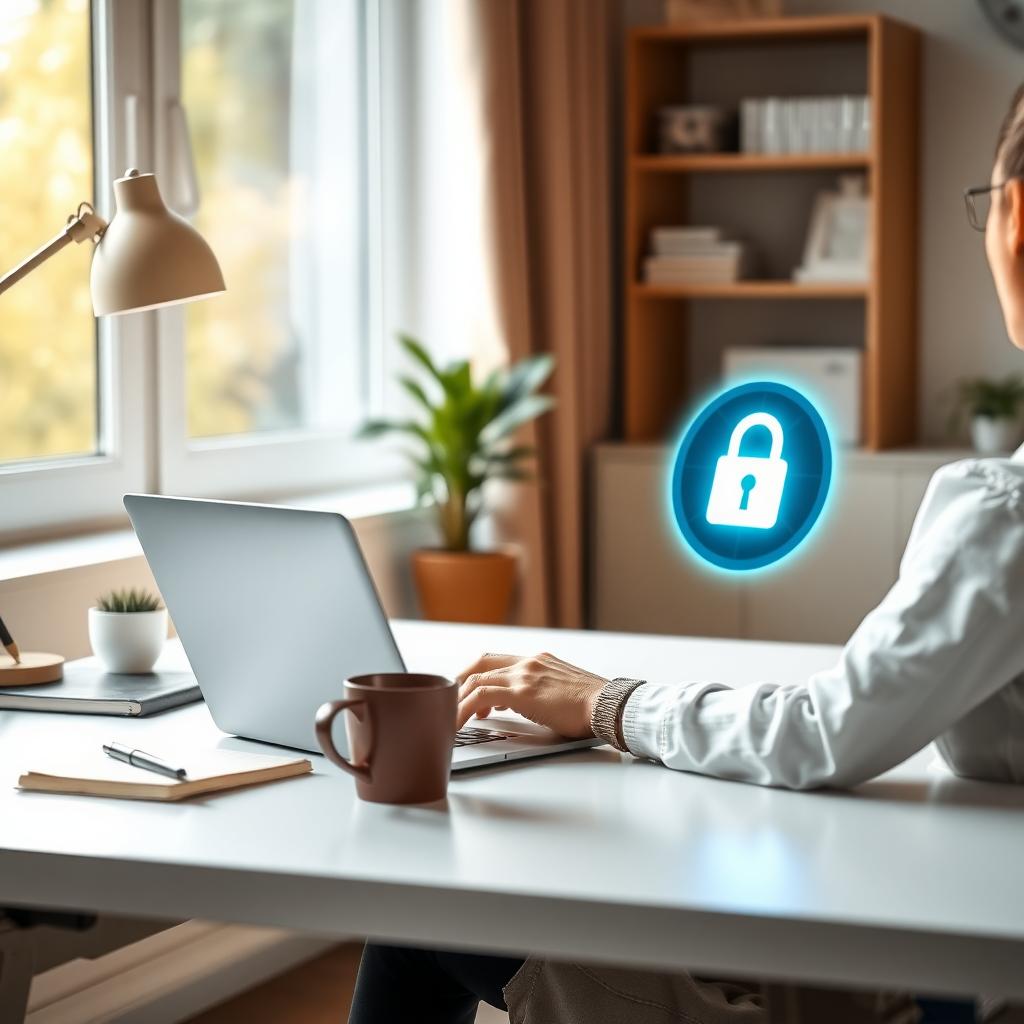 Person working on a laptop with a padlock icon, symbolizing online data protection in a home office.