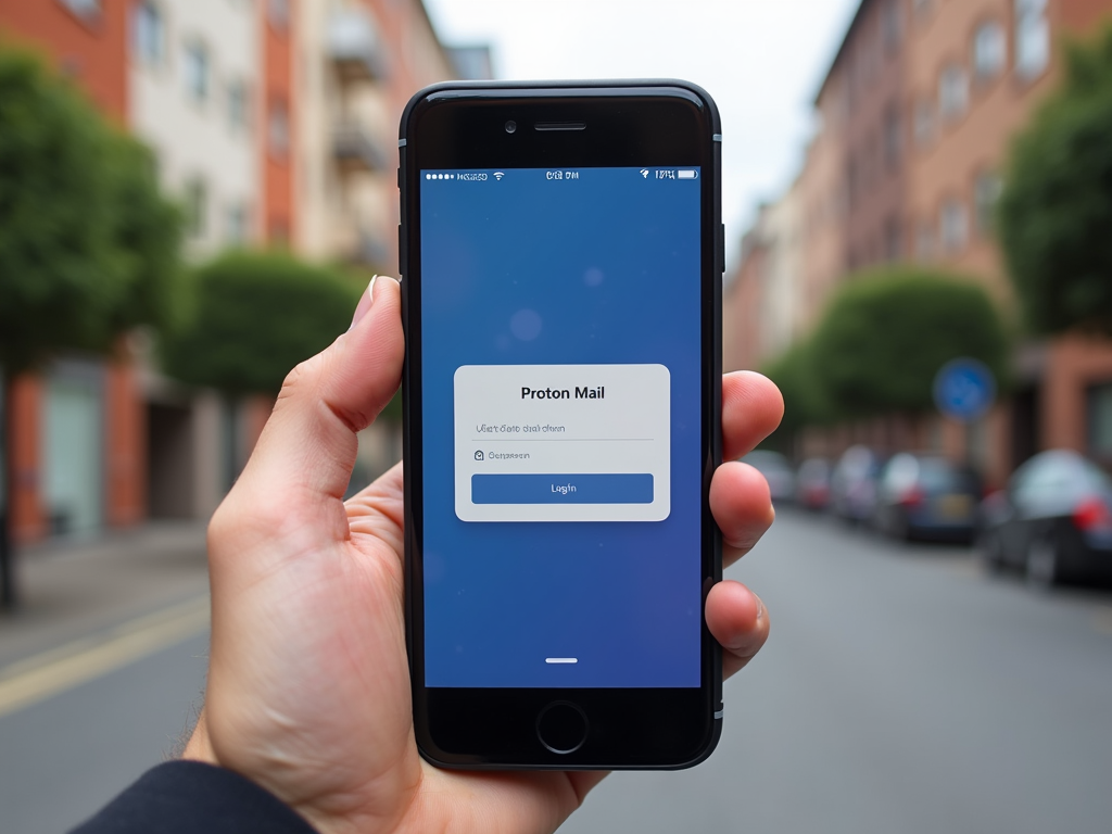 Proton Mail login on a smartphone held outdoors