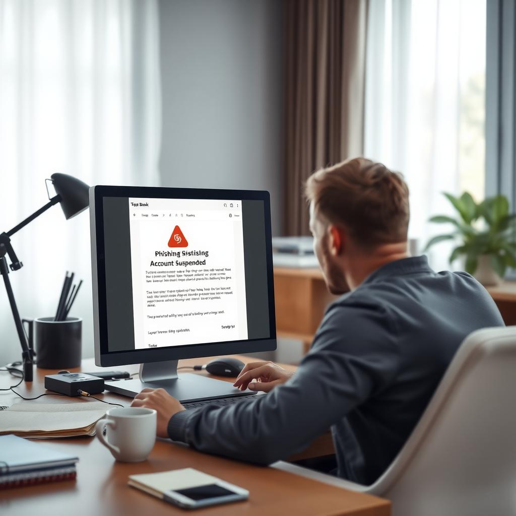 Person at a desk reviewing a suspicious phishing email on their computer