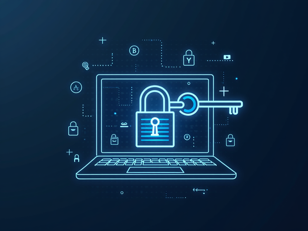 Diagram of encryption with a digital lock and key on a laptop.