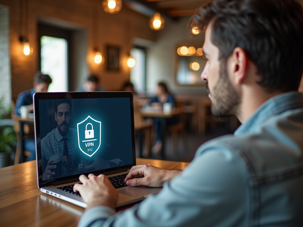Person using laptop with VPN in coffee shop