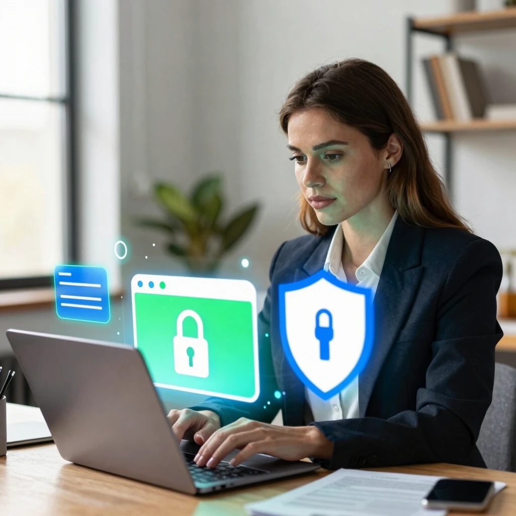 Woman configuring secure browser settings at her desk