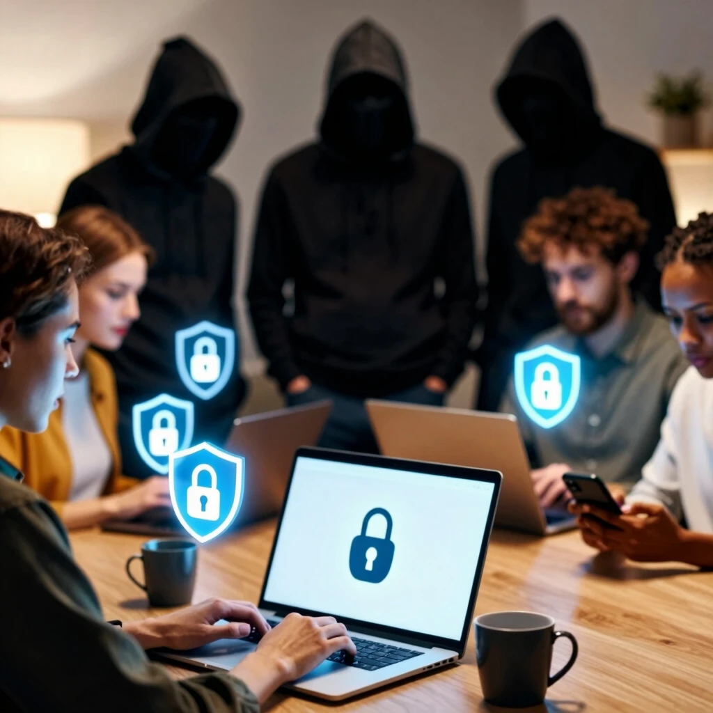People securing their online privacy with VPN shields on devices