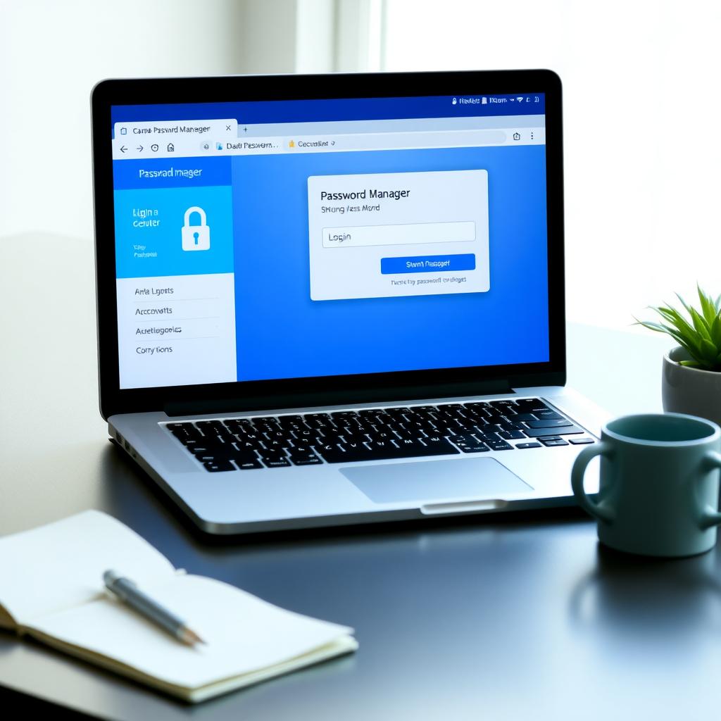 Laptop on a desk showing a password manager login screen with a strong password.