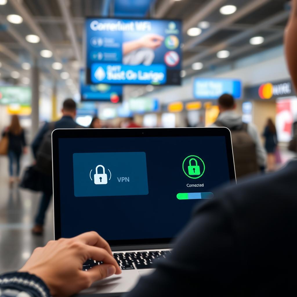 Person using a VPN on a laptop in an airport lounge
