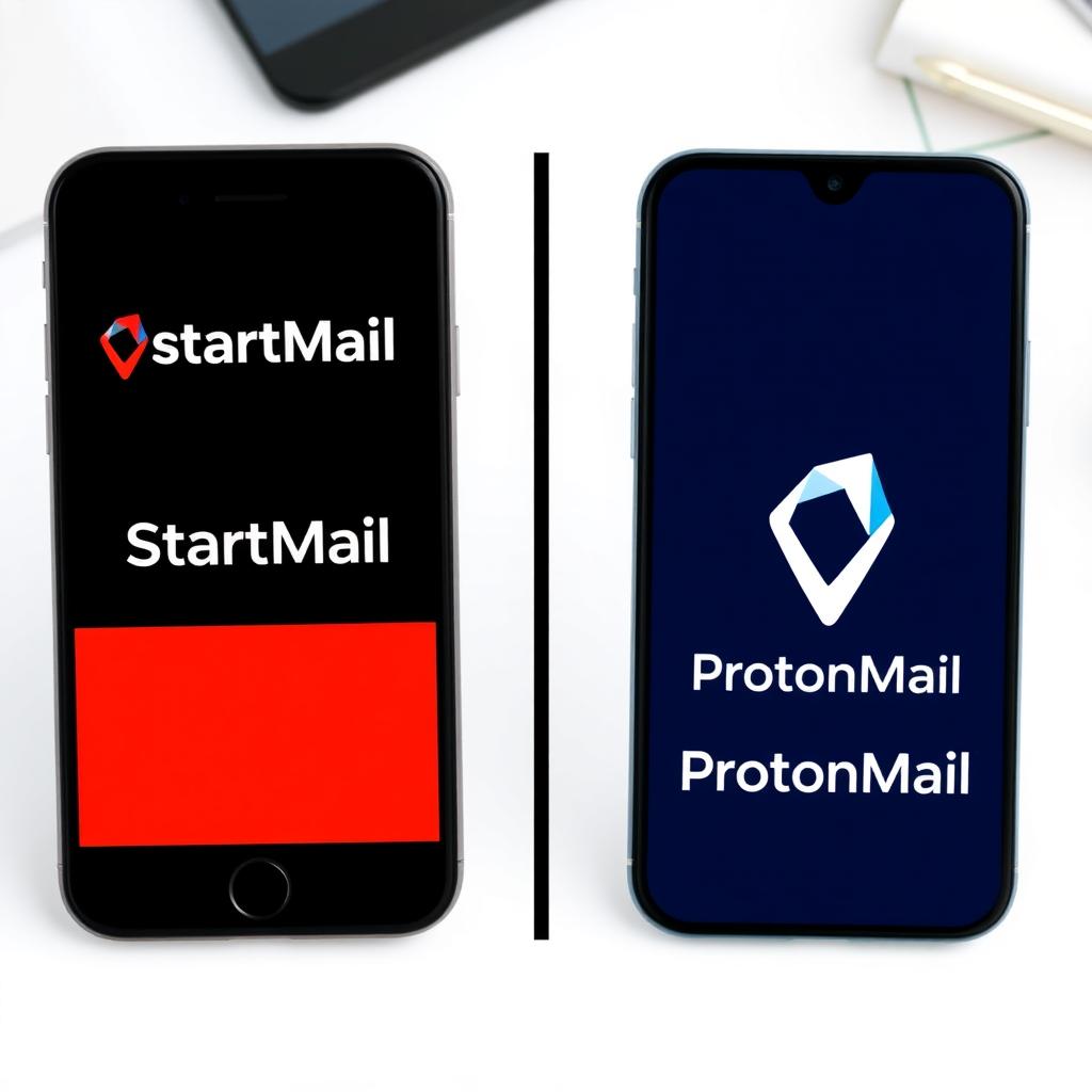 Two smartphones displaying StartMail and ProtonMail logos on a white desk
