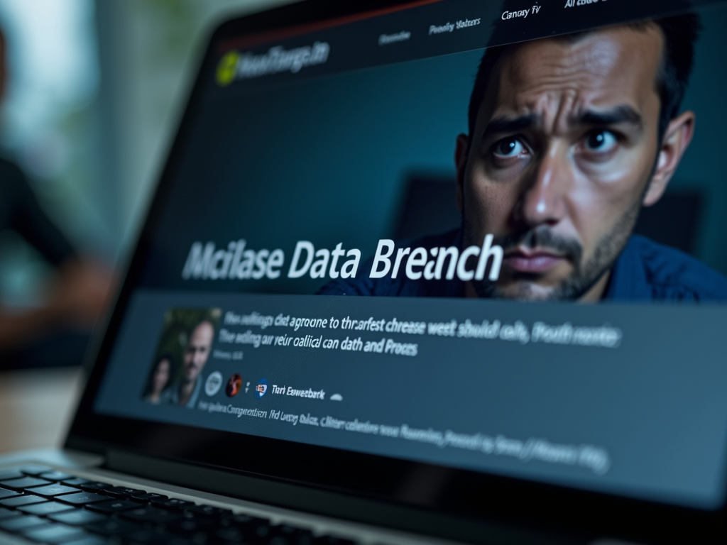 Laptop screen showing data breach news with a worried reflection.