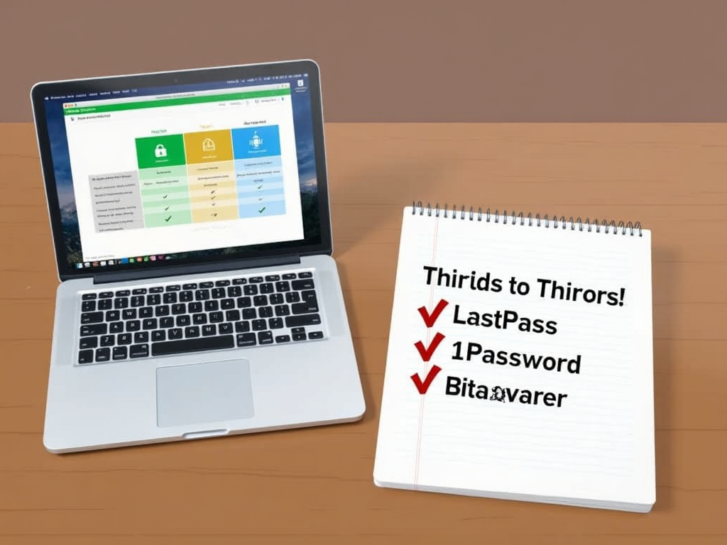 Laptop and notepad comparing password manager options.