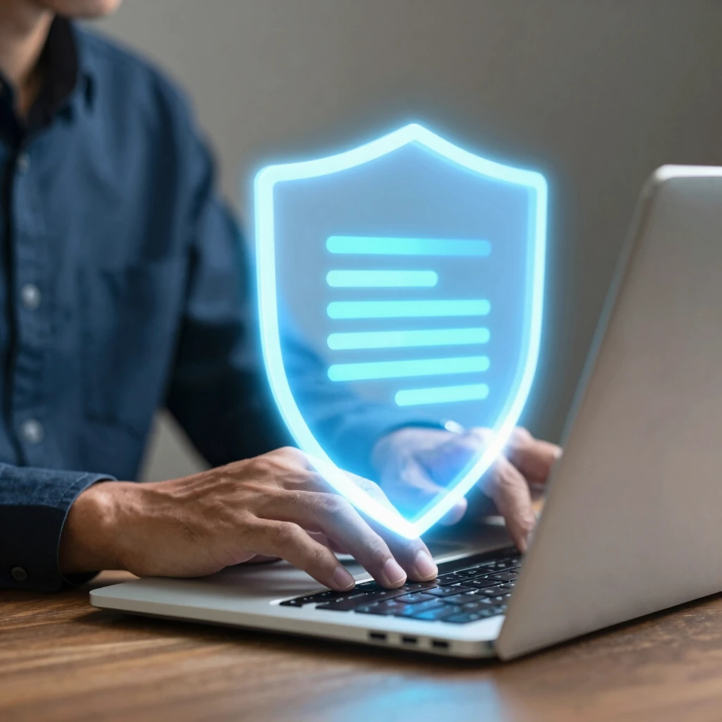 Person using laptop protected by a glowing digital shield against data threats