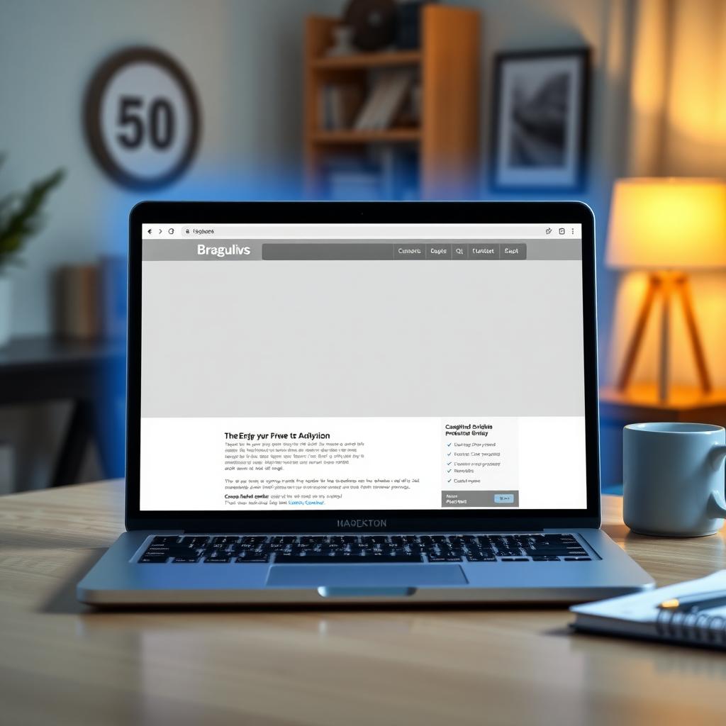 Laptop screen showing a website without ads, glowing softly in a cozy home office