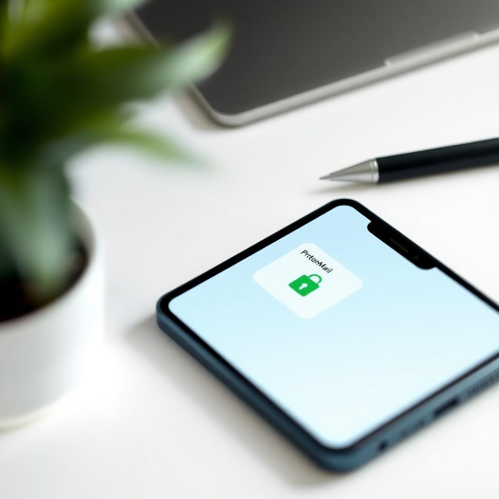 A smartphone displaying the ProtonMail app with a secure email notification on a white desk.