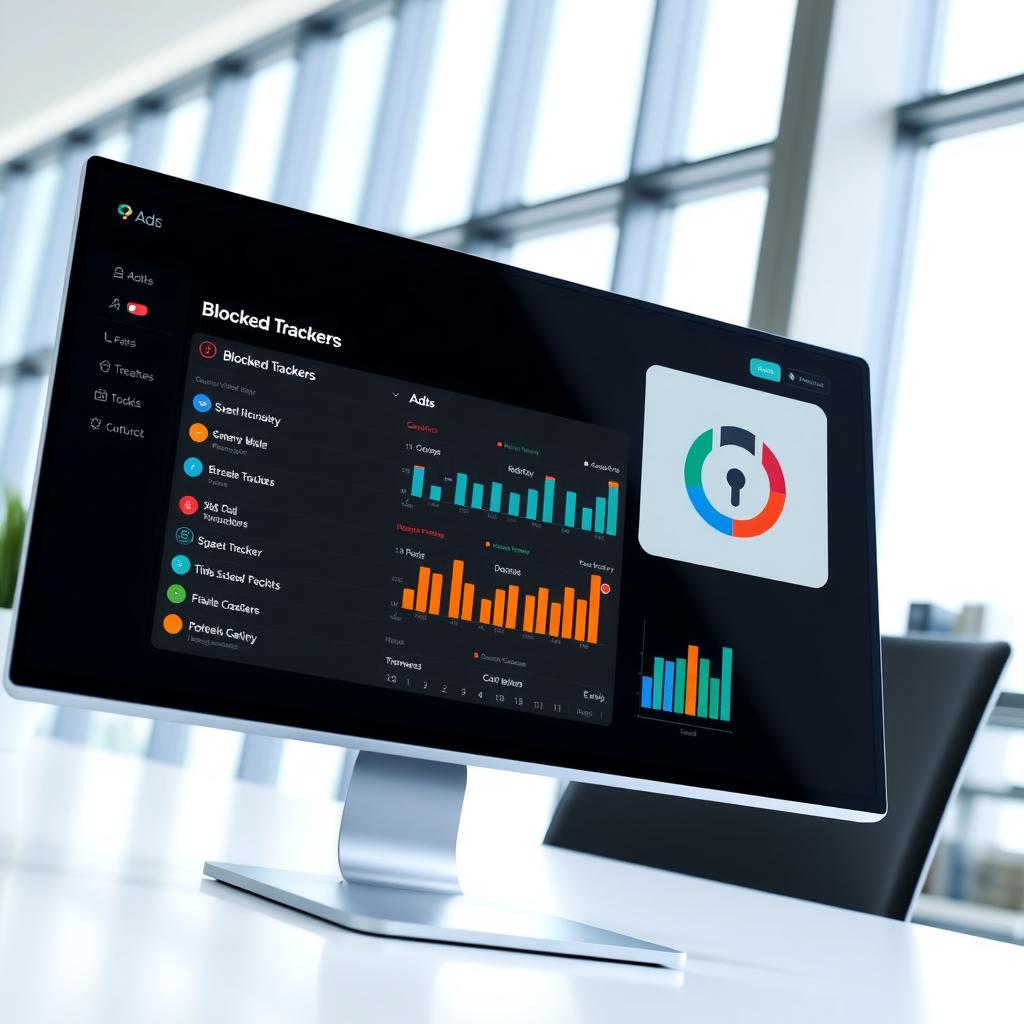 Digital dashboard showing blocked trackers and ads on a computer in a modern office