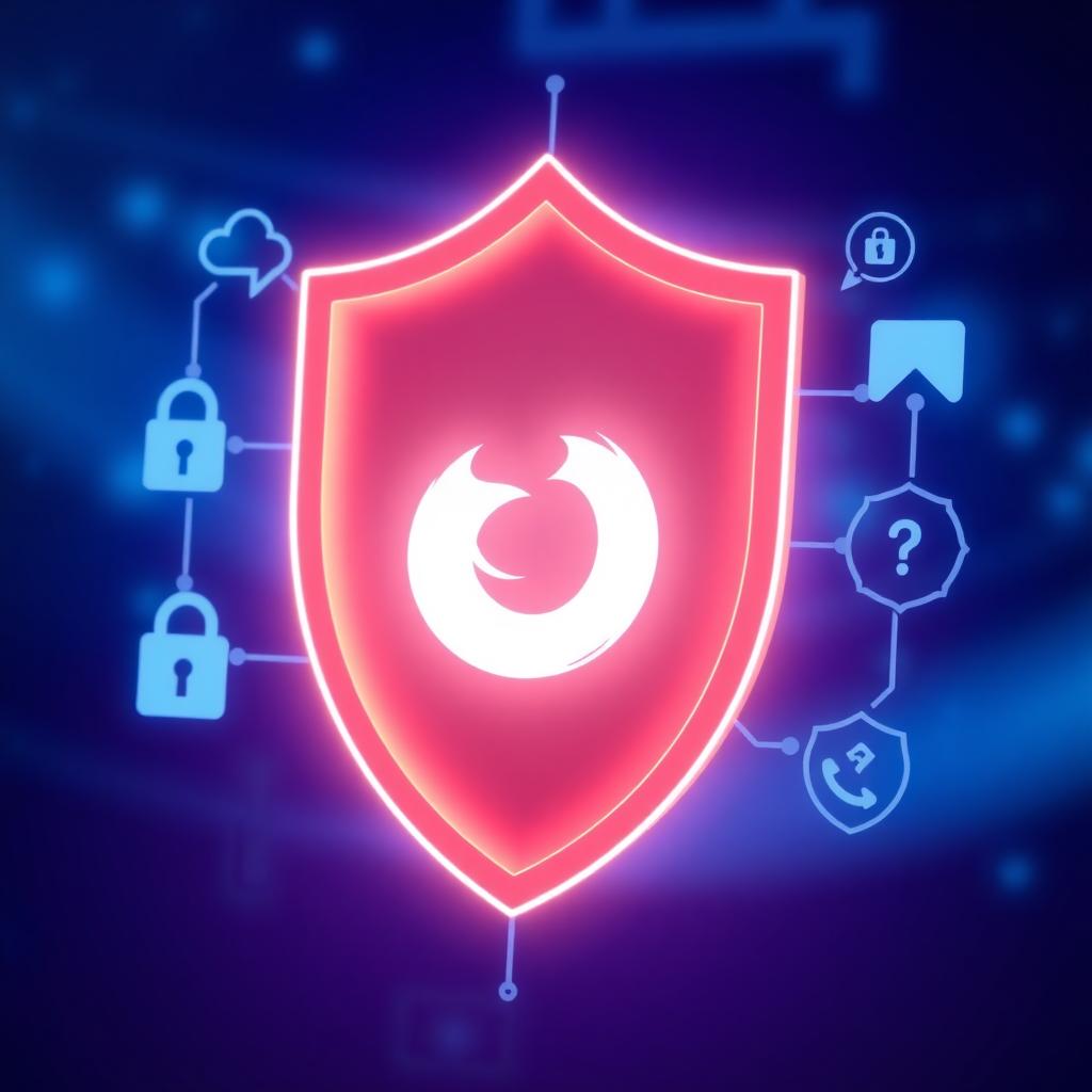 Glowing digital shield with privacy tool icons and Mozilla logo in a blue-purple gradient background