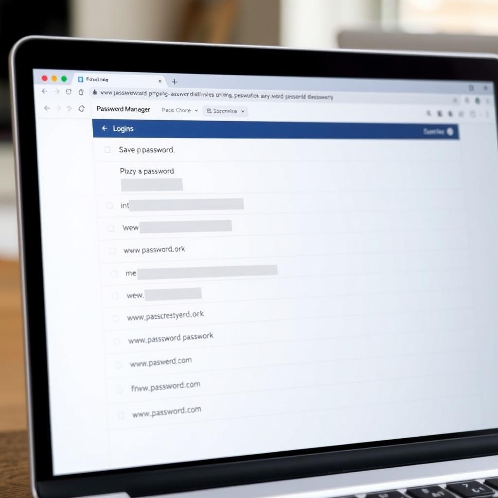 Password manager app displaying saved logins on a laptop screen.