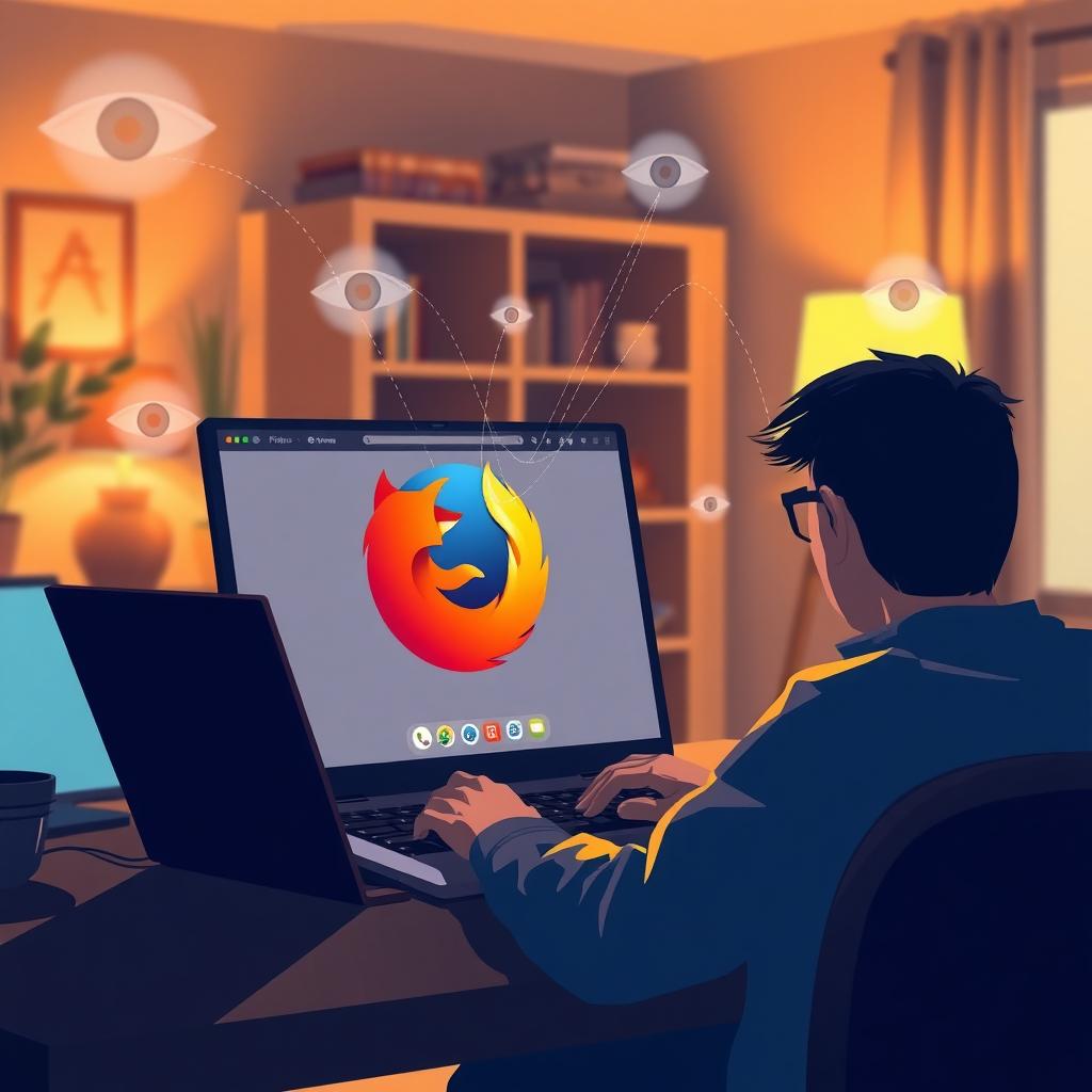 Person browsing on a laptop with ghostly eyes and data streams symbolizing online tracking, Firefox logo visible