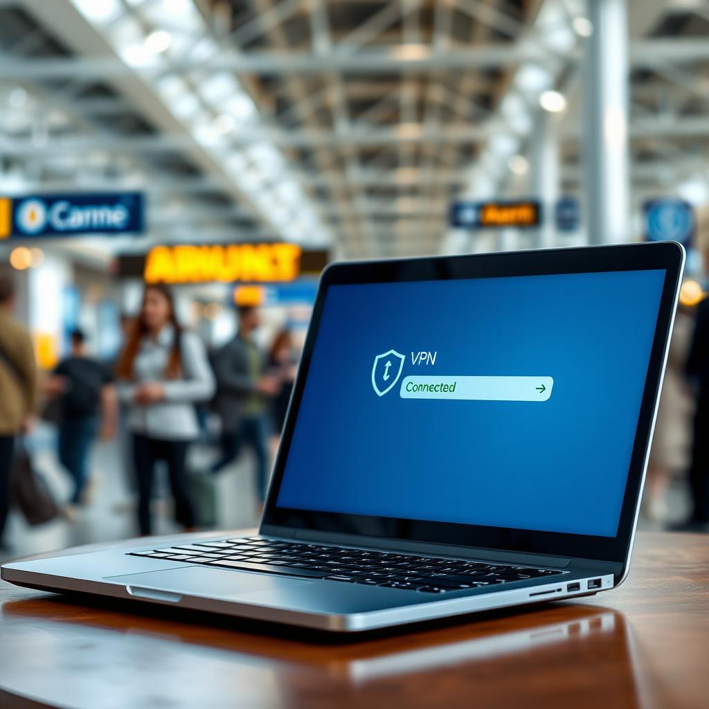 Laptop showing an active VPN connection in a busy airport terminal.