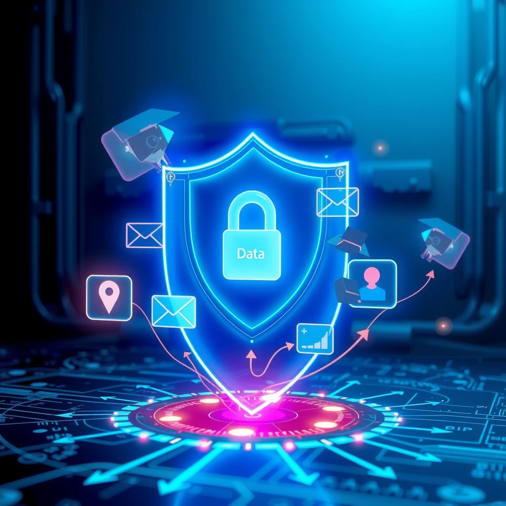 Futuristic digital shield protecting personal data from surveillance