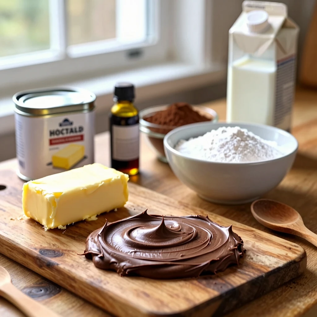 Ingredients for homemade chocolate frosting arranged on a kitchen counter