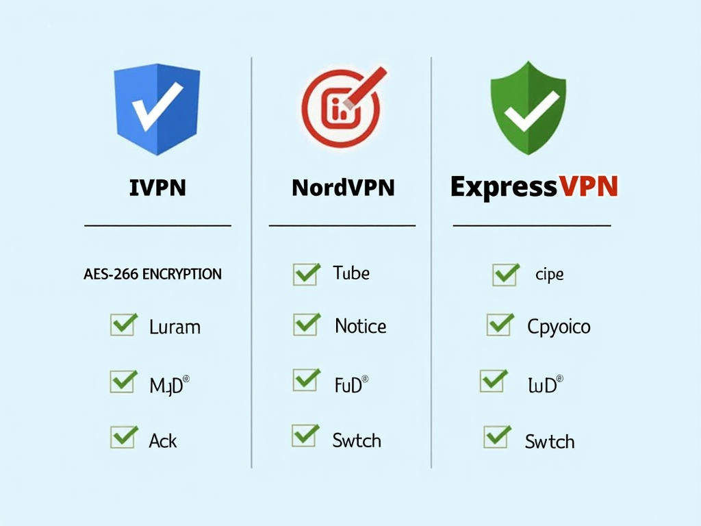 Chart comparing IVPN, NordVPN, and ExpressVPN features like encryption, no-logs policy, and kill switch.