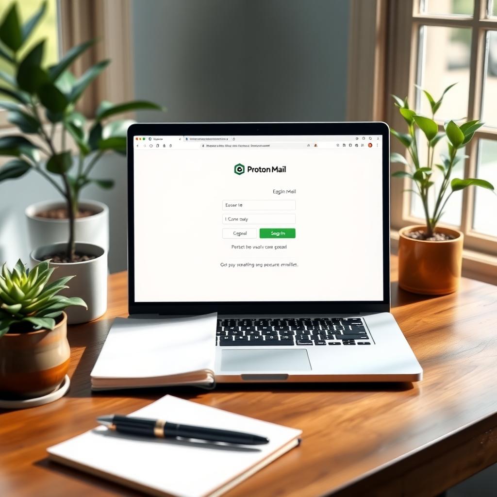Laptop displaying Proton Mail login page in a cozy home office