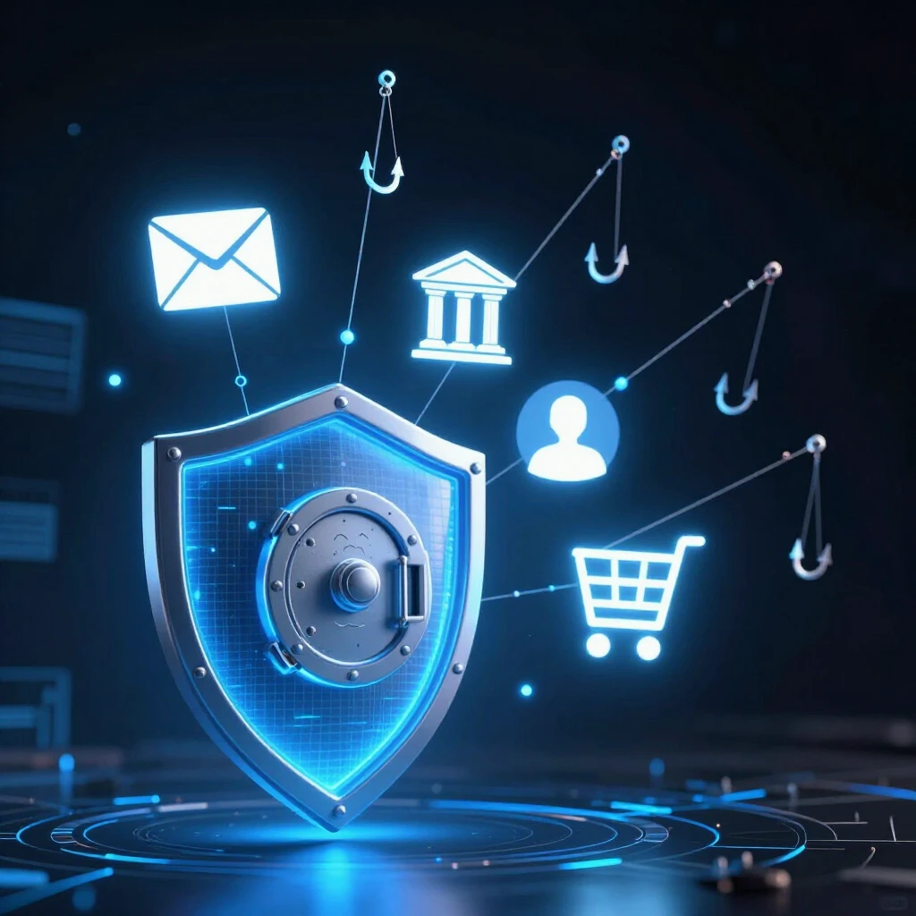 Digital shield blocking phishing hooks from online account icons