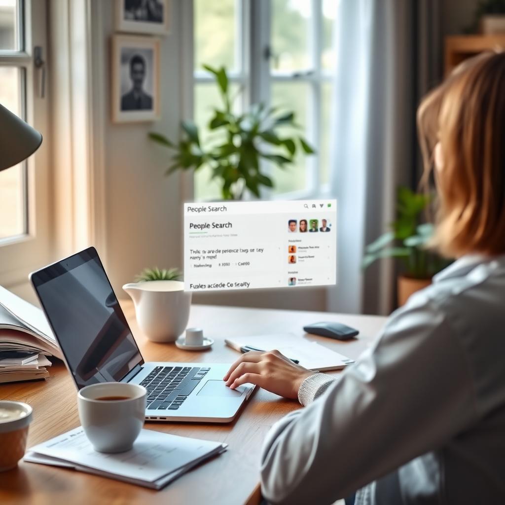 Person searching their name on a laptop in a cozy home office